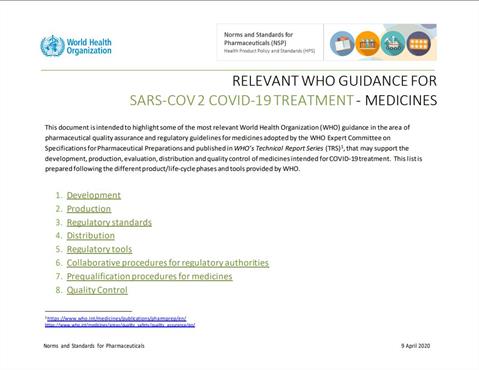Relevant WHO guidance for SARS-COV2 COVID-19 treatment - Medicines