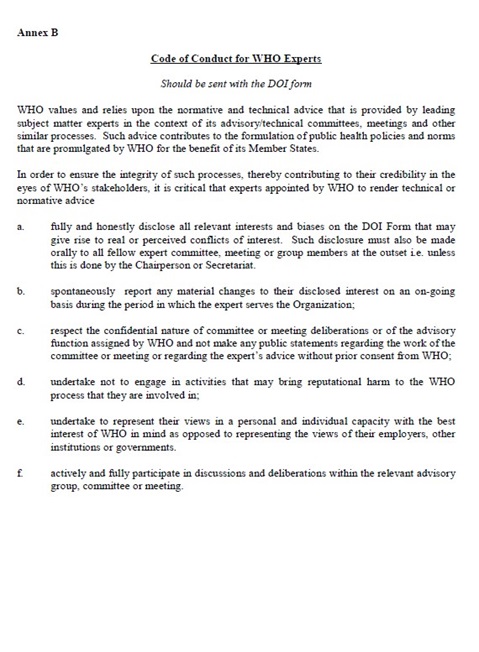 Annex B: Code of Conduct for WHO experts